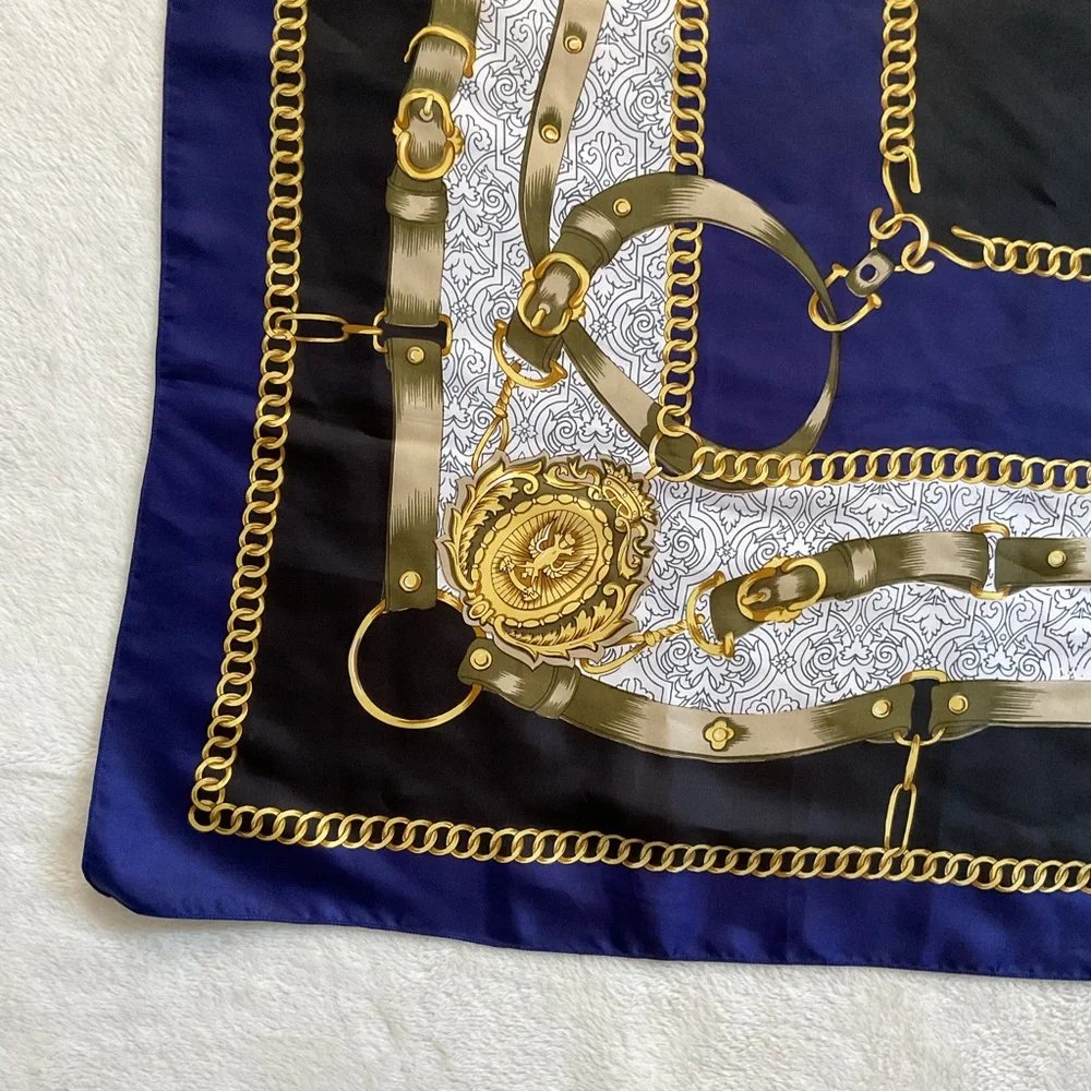 Vintage Equestrian Chain Medallion Scarf 36” Square Navy Gold Silk Feel